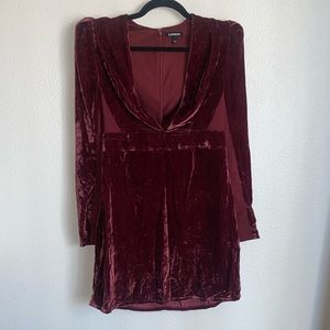 Express Crushed Velvet Plunging Neckline Puff Sleeve Dress